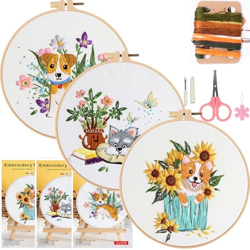 Embroidery Kit for Beginners, Dog Flower Pattern Embroidery Practice Kits - color: Dog pattern