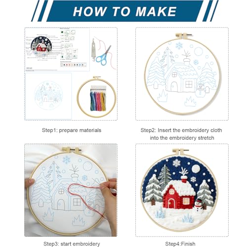 Zhenqing Winter Snow Scene Embroidery Kit for Beginners - Complete Set with 20cm Hoop, Pre-Printed 29x29cm Cotton Fabric, Threads & Tools(C0163) - color: Winter Snow Scene