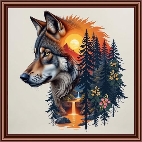 Dimensean Counted Cross Stitch Kit for Beginners, 11CT Unprinted Cross-Stitch Kit Easy Patterns Needlepoint Kit Cross Stitching Embroidery Kit Supplies-Abstract Wolf Landscape 18x18 inch - color: ColornNEW14