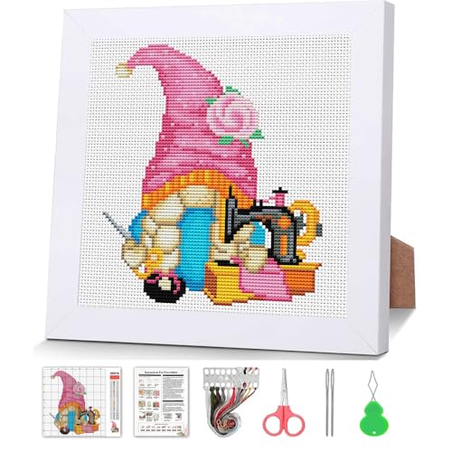 VIGEGU Gnome Stamped Cross Stitch Kits for Adult Beginner with Wooden Frame - color: Gnome Sewing Machine