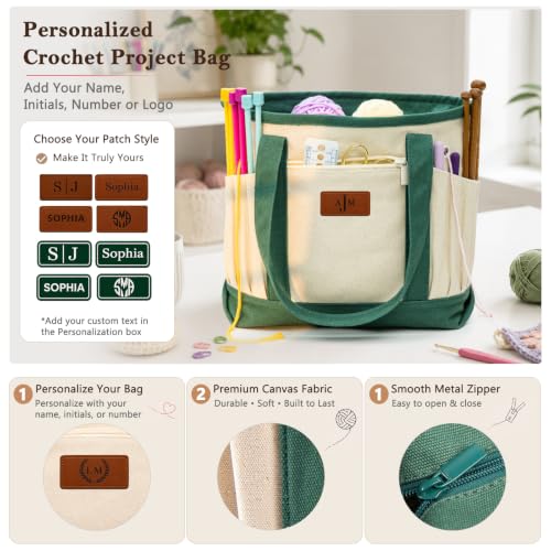 Personalized Crochet Bag with Custom Leather Patch or Embroidered Name, Canvas Knitting Tote for Yarn Storage, Crochet Organizer with Multiple Pockets, Custom Gift for Crocheters & Knitters - color: Nature-Green, size: Make it Personal