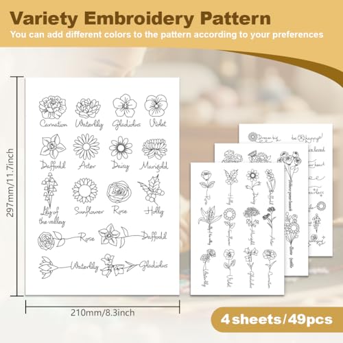 49Pcs Birth Month Flowers Water Soluble Hand Sewing Stabilizers, 8.3"x11.7" Floral Name Embroidery Pattern Stabilizer, 4 Sheets English Sentences Stick and Stitch Embroidery Paper Sticker