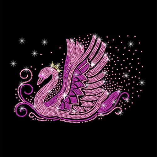 1 Pc Pink Swan Pattern Rhinestone Iron on Hotfix Transfer Decal, Bling DIY Patch Clothing Repair Applique T-Shirt Vest Shoes Hat Jacket Decor Clothing DIY Accessories - style: Pink Swan