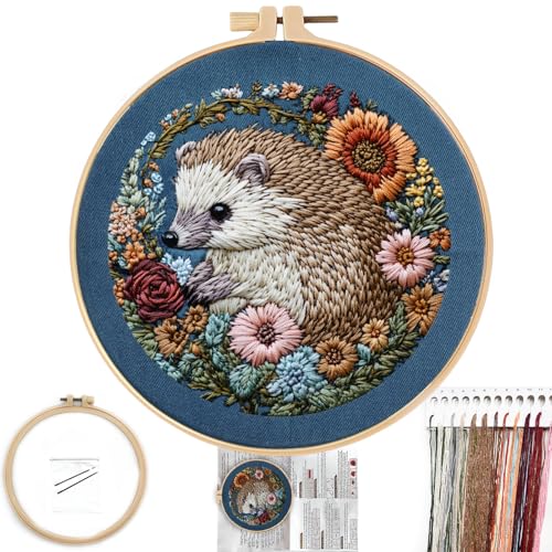 FONNUY Embroidery Kit for Beginners, Cute Hedgehog Stamped Embroidery Patterns Kits for Adults with Hoop, Easy to Follow Sewing Thread Needlework, 8'' Hoop (Resilient) - color: Resilient