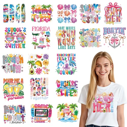 20Pcs Summer Dtf Transfers Ready to Press Beach Vacation Cruise Iron on Transfers for Tshirts End of School Transfer Vinyl Stickers for Clothing Pillows Bag DIY Crafts - color: Summer
