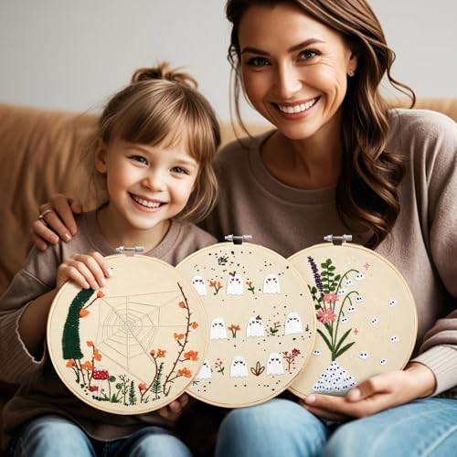 Crafmanoe Cute Ghost Embroidery Kit for Beginners Adults, Halloween Embroidery Starter Kits, Funny Counted Cross Stitch Kits for Beginner Adult Hobbies for Women, 3 Set Embroidery Hoop, Fabric, Thread - color: Cute