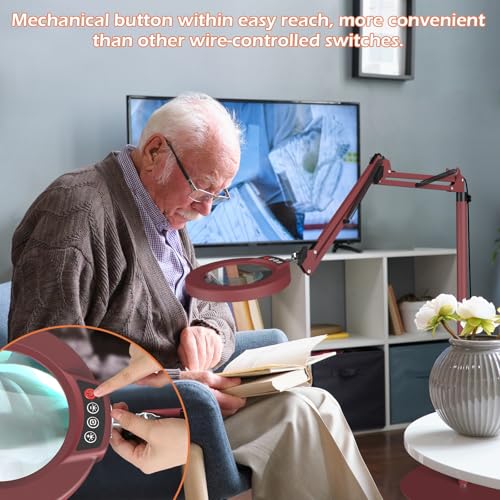 12X Real Glass Magnifying Glass with Light and Stand, LED 5 Color Modes, Stepless Dimmable Magnifying Floor Lamp, 3-in-1 Adjustable Swing Arm Lighted Magnifier Lamp with Clamp for Craft - Red - color: Red
