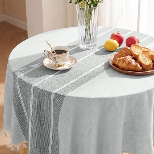 Softalker Outdoor Linen Round Tablecloth with Tassel, 55 x 55 Inch - color: Grey Lines, size: 55" (Round)