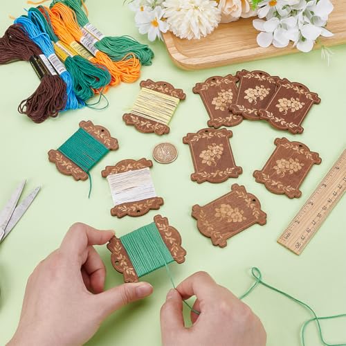 MAYJOYDIY 10Pcs Wooden Thread Winding Boards Embroidery Floss Bobbins Flower Leaves Pattern Bobbin Winder Ribbon Twine Reel for Cross Stitch Craft Sewing Cotton Storage Holder