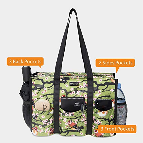 TOPDesign Utility Water Resistant Tote Bag with 13 Pockets, Zipper Closure - color: Bird, size: Large