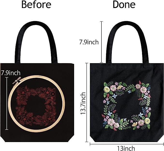 DIY Stamped Embroidery Tote Bag Kits Pansy Flower with Pattern Hoops Threads Needlework Art Reusable Shopping Storage Handbag Cross Stitch Kits Home Organizer for Woman