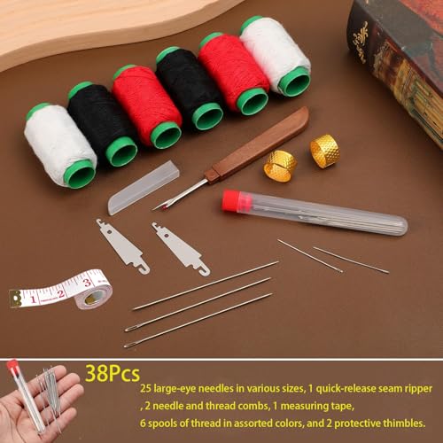 38-Piece Large-Eye Steel Sewing Needle Set, Sewing Supplies, Handmade Sewing Kit, Includes Sewing Needles, Thread, Seam Ripper, Needle Threader, Thimble, Tape Measure