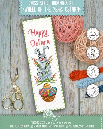 Povitrulya Cross Stitch Bookmark Kit Wheel of The Year: Ostara – Counted DIY Embroidery Set for Adults & Beginners, Bunny Easter Spring Equinox Pagan Wiccan Floral Gift - color: Ostara