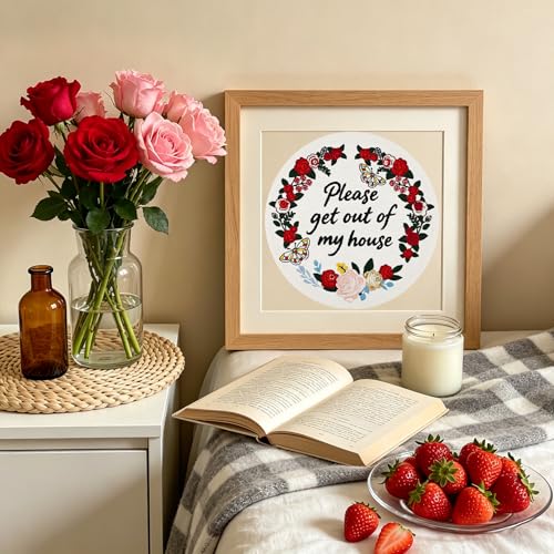 ElasignShopo Embroidery Kit for Beginners Adults – Funny Please Get Out of My House Cross Stitch Kit, Floral Butterfly Pattern Embroidery Starter Set with Hoop, Needles, Threads & Instructions - color: Funny Flower