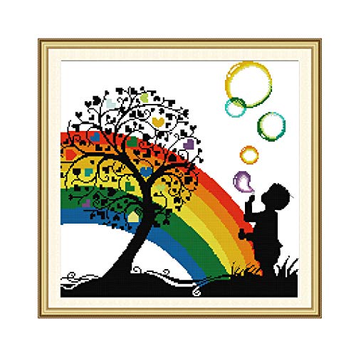 ITSTITCH Printed Cross Stitch Kits 11CT 20X20 inch 100% Cotton Holiday Gift DIY Embroidery Starter Kits Easy Patterns Embroidery for Girls Crafts DMC Stamped Supplies Needlework Rainbow Bubble Boy - color: Stamped 20.1x20.1 inch