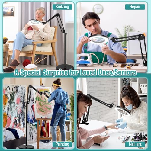 12X Magnifying Glass with Light and Stand, Real Glass Lens (Not Acrylic), 5 Color Modes, Stepless Dimmable, LED 3-in-1 Floor Lamp, Swing Arm with Clamp, Lighted Magnifier Hands Free for Craft, Reading - color: Black