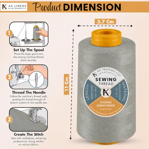 AK Trading 4-Pack Light Gray All Purpose Sewing Thread Cones (6000 Yards Each) of High Tensile Polyester Thread Spools for Sewing, Quilting, Serger Machines, Overlock, Merrow & Hand Embroidery - color: LIGHT GRAY
