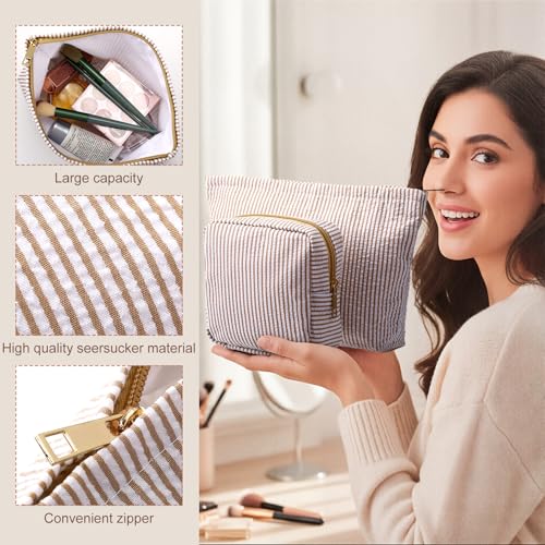 Sanwuta 4 Pcs Seersucker Pouch Striped Makeup Bag Set, Khaki - color: Khaki