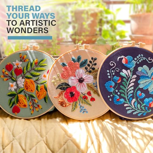 Colorful Flowers Embroidery Kit for Beginners – DIY Hand Embroidery Set with 3 Hoops, Stamped Patterns, Needles, Thread, Scissors – Floral Embroidery Kit for Adults, Teens, Women, Craft Lovers - color: Colorful Flowers
