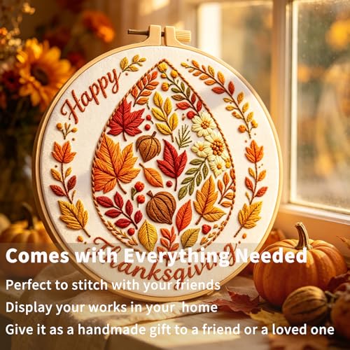 FONNUY Fall Embroidery Kit, Handmade Autumn Wreath Pre-Stamped Pattern for Beginners, Thanksgiving Harvest Home Decor, 8'' Hoop (Maple Leaves) - color: Maple Leaves