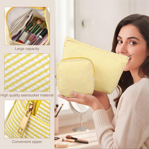 Sanwuta 4 Pcs Seersucker Pouch Striped Makeup Bag Set, Yellow - color: Yellow