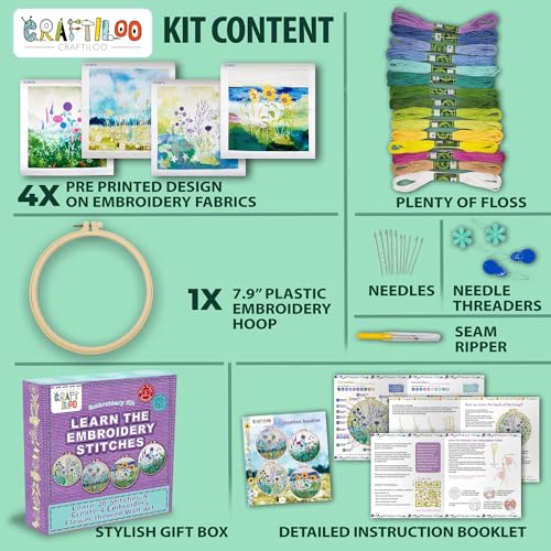Embroidery Kit for Beginners Adults - 4 Floral Patterns, Learn 17 Stitches - color: 4 Watercolor Flowers