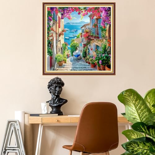 Fanxvivy Stamped Counted Cross Stitch Kits for Adults Printed Cross-Stitch Patterns 11CT Stamped or Counted Cross Stitching Embroidery Kit Needlepoint Kits-Seaside Street View 18x18 inch - color: Artkits04