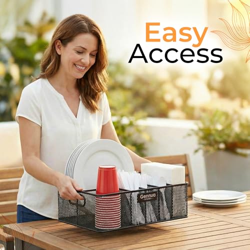 Gennua Kitchen Paper Plate Organizer for Cabinet, Counter, Picnics, Parties & More, Extra Large Utensil Caddy Crafted of Thick Iron Mesh With 6 Compartments for Paper Plates & Plastic Silverware
