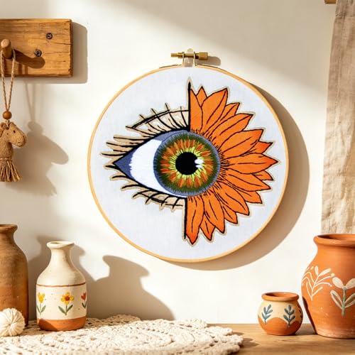 Crafmanoe Sunflower Eyes Embroidery Kits for Beginners Adults, Hand Embroidery Starters Kits, Stamped Cross Stitch Kits Needlepoint Kits for Beginners Adult, Embroidery Hoop, Thread and Video Tutorial - color: H2086, size: 8Inch
