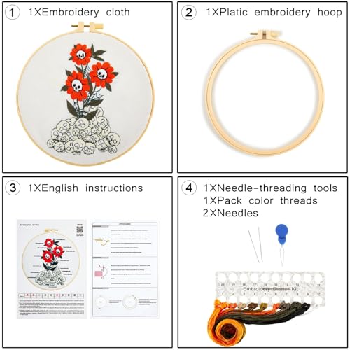 Crafmanoe Halloween Embroidery Starter Kit for Beginners Adults, Skull Flowers Stamped Cross Stitch Kits for Beginners Adults, Gothic Hand Embroidery Needlepoint Kits, Hoops, Fabric and Video Tutorial - color: H868