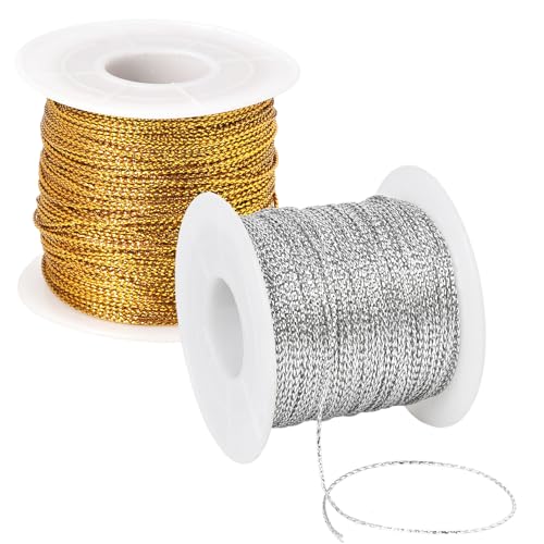 Metallic Cord 218 Yards 1mm Gold String Twine Metallic Tinsel Thin Ribbon Rope Silver Thread String for Crafts Bracelet Necklace Jewelry Making Gift Wrapping Christmas Ornaments Hanging Decor 2 Roll - style: gold+silver