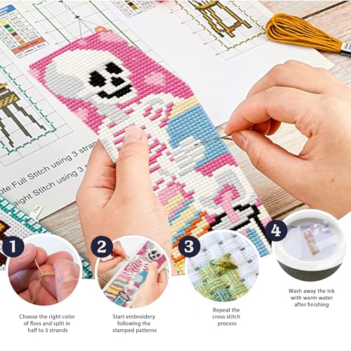 ACRNIGHEET 6PCS Stamped Cross Stitch Bookmark Kit Beginners Halloween Skull - style: Skull and book patterns