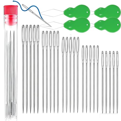‌50pcs Hand Sewing Needles Stainless Steel, 5 Sizes Large Eye Sharp Needles, Leather Needle Embroidery Thread with Threaders for Handsewing Art Crafts - size: 50