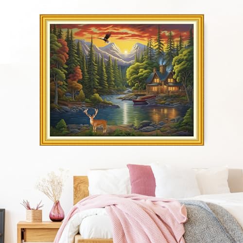 Funxvoot Stamped Cross Stitch Kits Beginners Full Range of Embroidery Kits for Adults 11CT Embroidery Patterns Needlepoint Kits Printed Cross Stitch Kits-Cabin in The Woods 16x20 inch - color: Craftsstyle15