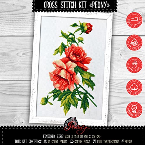 Povitrulya Beautiful Peonies Counted Cross Stitch kit - DIY Embroidery Set with Paper Pattern and prestored Floss - color: Peonies