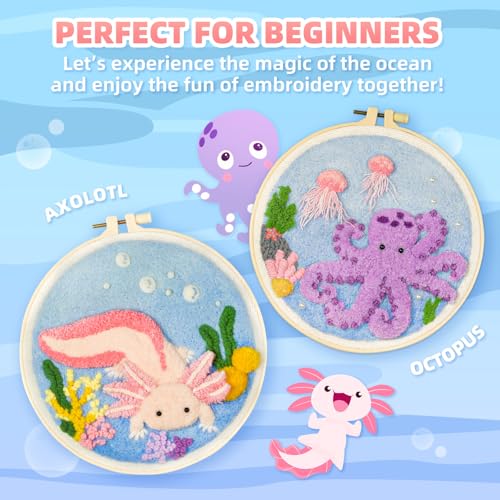 Punch Needle Kits Adults Beginner,Punch Needle kit for Beginners, Embroidery kit for Beginners,Includes All Tools and Materials,Easy to Follow Instructions and Videos-(Axolotl+Octopus)