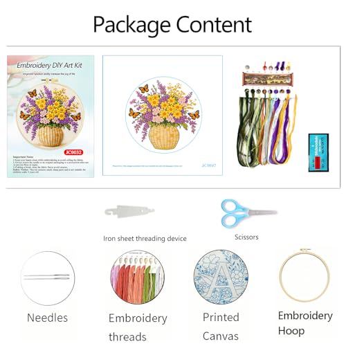Zhenqing Flower Basket Embroidery Kit for Beginners, Pre-Printed 29x29cm Cotton Fabric with 20cm Hoop, Garden Design with Butterflies (JC0047
