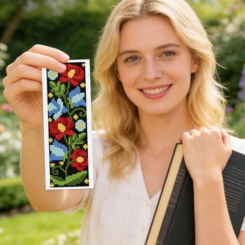 ACRNIGHEET 6PCS Cross Stitch Kits Stamped Cross Stitch Bookmark Kit for Beginner Adults Easy Flower DIY Embroidery Bookmark Kit Needlepoint Kits with Instructions Book Lovers Craft Gift 8.5''x3'' 11CT - style: Floral patterns 3