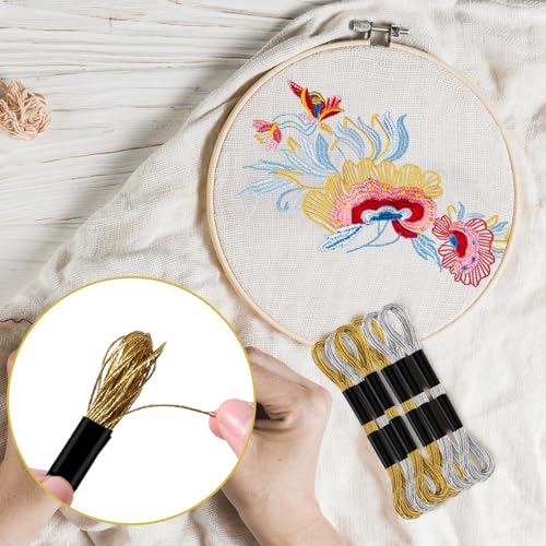 6 Skeins Embroidery Threads, Metallic Embroidery Floss (Gold + Silver) - color: Gold + Silver