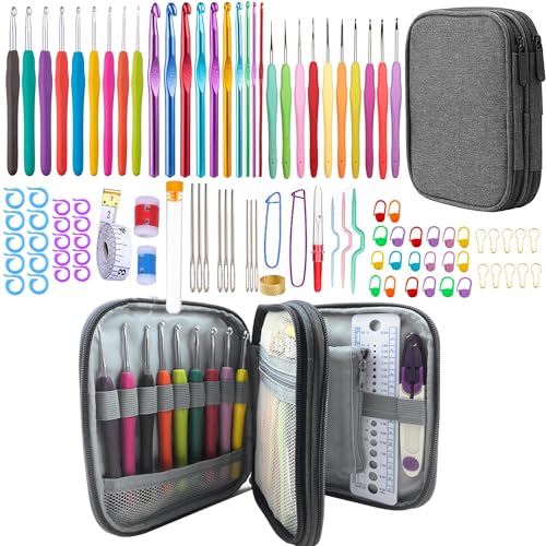 100pcs Crochet Hooks Set in Case Ergonomic Soft Grip Handles Weave Yarn Knitting Needles Kit and Crochet Needle Accessories Crochet Kit Complete Crochet Set for Beginners and Experiecced Crochet Lover - color: Mottled Grey