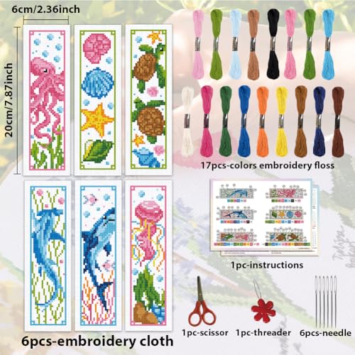 ACRNIGHEET 6PCS Cross Stitch Bookmark Kits Marine Animals Pattern Stamped Cross Stitch Kits for Beginners Adults DIY Stamped Embroidery Bookmarks with Instructions Hand Embroidery Craft Gift 11CT - style: Marine animal patterns