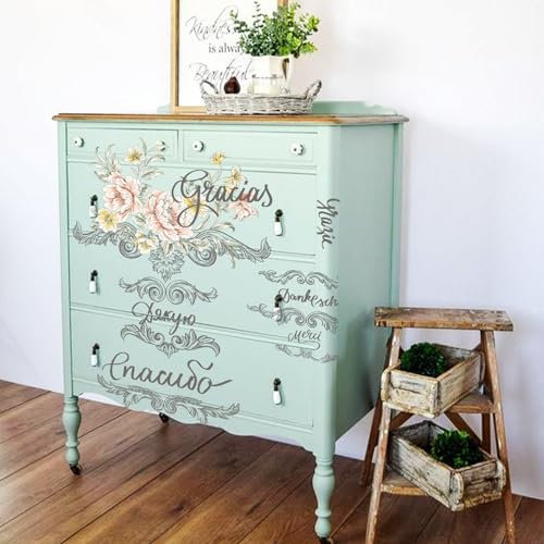 Floral Rub on Transfer for Furniture Wood Glass DIY - color: Peony and Quote