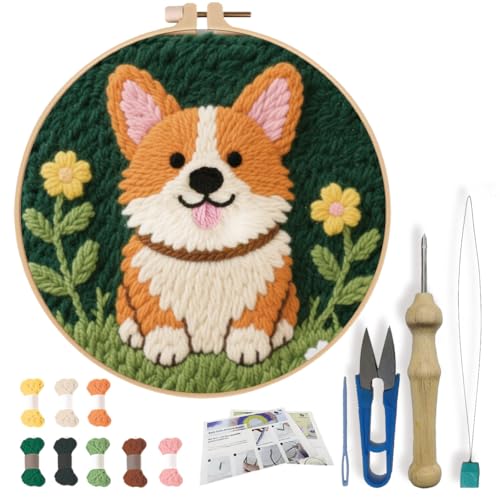 FREEBLOSS DIY Corgi Punch Needle Kit for Beginners Embroidery Punch Needle Starter Craft Set with Instructions Frame Embroidery Kit for Adults Gift Decoration 7.9''/20cm - color: Vibrant, varied colors