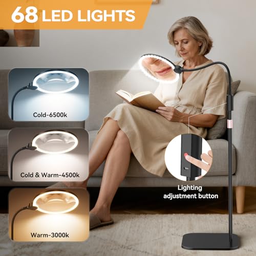Magnifying Glass With Light And Stand, 10X Large 7'' Magnifying Glass For Reading, Close Work, Cross Stitch And Crafts, Rechargeable Floor Or Desk Magnifying Lamp With Adjustable Gooseneck For Seniors
