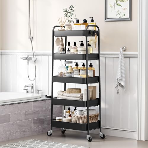 TOOLF 5-Tier Metal Rolling Cart with Wheels, Storage Utility Cart Black - color: Black, size: 5-Tier