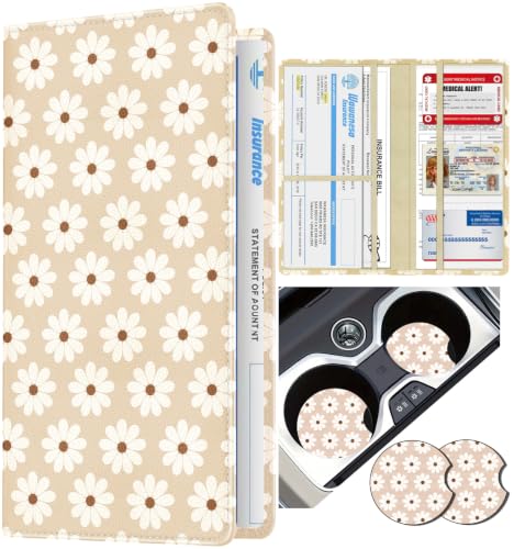 Slohif Car Registration and Insurance Holder with 2 Car Coasters, Elegant - color: Beige Daisy