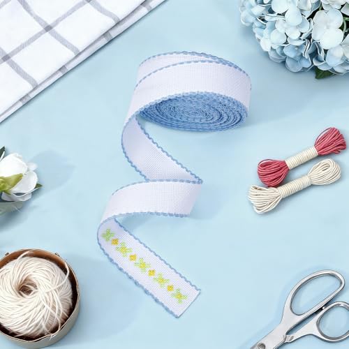 BENECREAT 14.8yd x 1.4in Aida Band with Light Sky Blue Edge, Cross Stitch Fabric for Embroidery Needlework Bookmark DIY Crafts, 0.7mm Thick - color: Light Sky Blue Edge