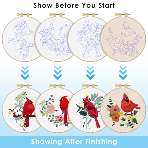 ERKOON 4 Sets Embroidery Kit, Animal Cross Stitch Set for Include Embroidery Cloth Hoops Threads for Craft Lover Hand Stitch (Cardinal) - color: Cardinal