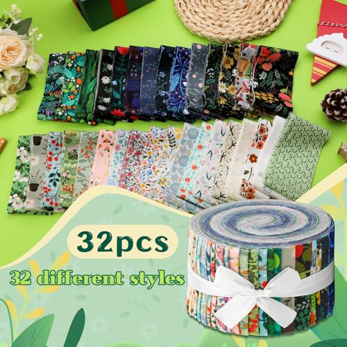 ZMAAGG Jelly Roll Fabrics-32PCS Quilting Fabric, Floral Fabric Strip Bundle - color: Green