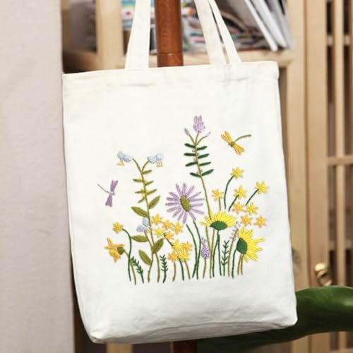 YANGSHINE Canvas Tote Bag Embroidery Kit with Pattern, Cross Stitch Kits for Beginners, Adults Arts Crafts Needlepoint Kit Include Embroidery Bag, Hoop and Instruction (Beige Bag, Daisy and Dragfly) - color: Beige Bag, Daisy and Dragfly